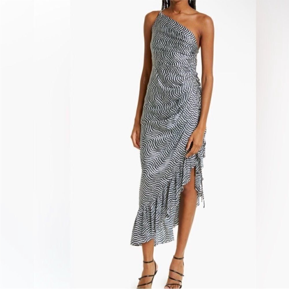Cinq a Sept NWT Christel Silk One Shoulder Ruched
Midi Dress Navy/Ivory Size 6